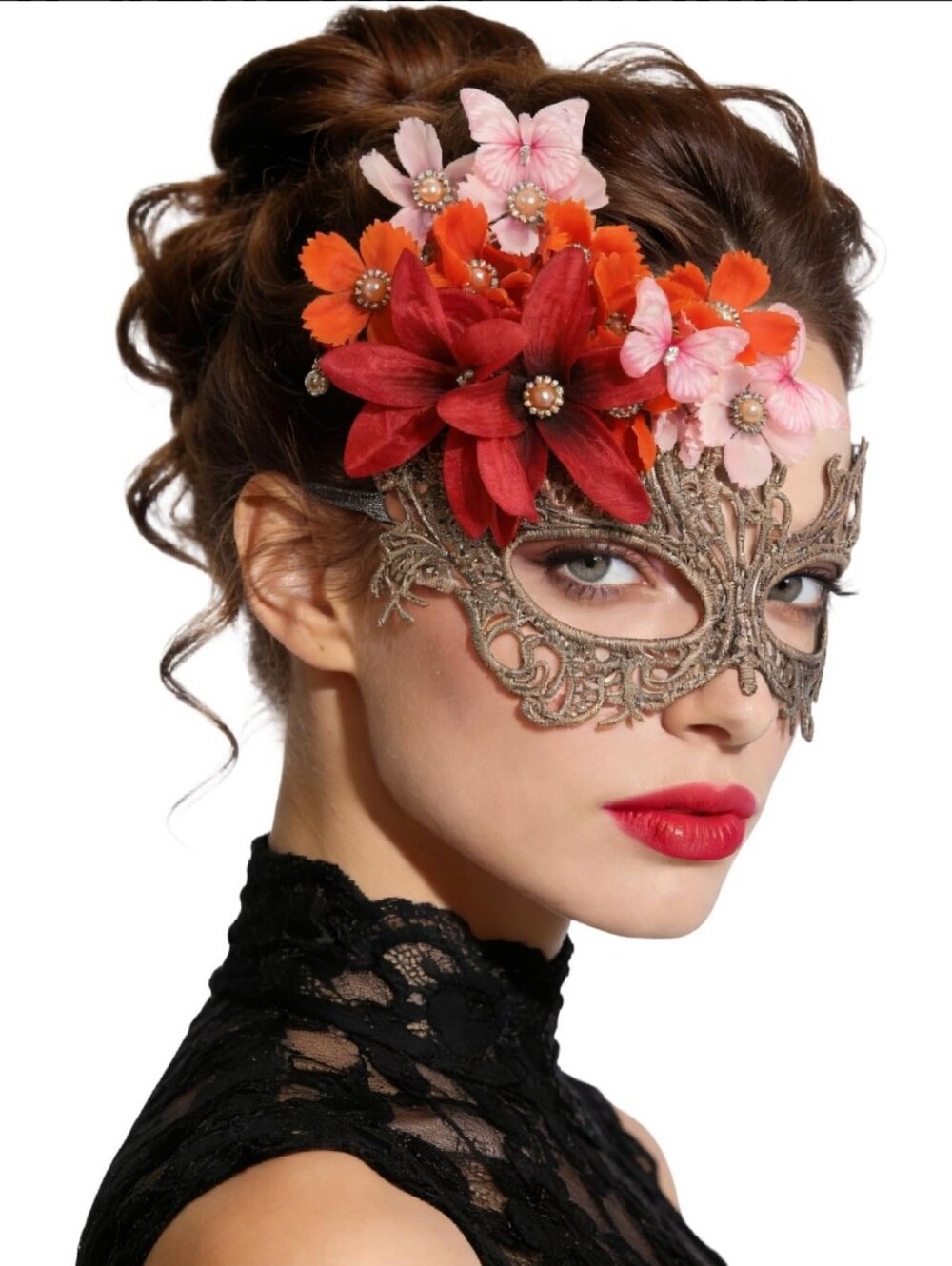 Venetian Antique-Style Eye Masquerade Mask, Lace, Flowers, Butterflies